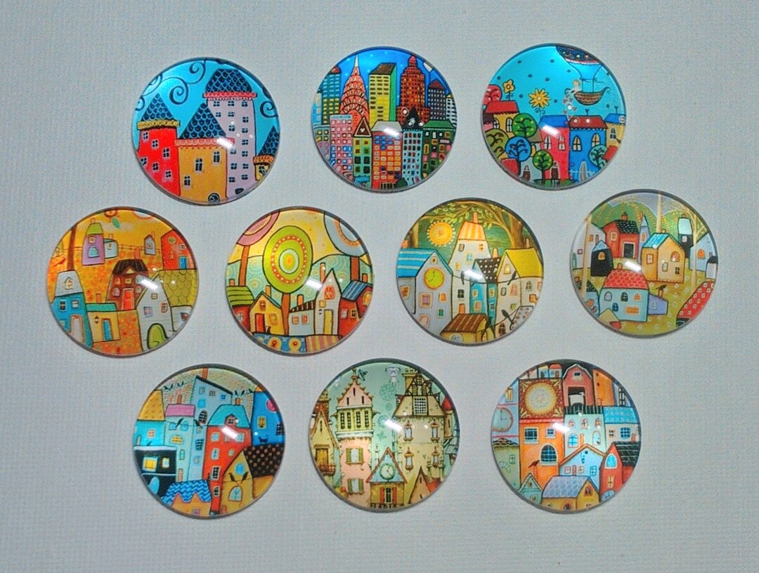 WHIMSICAL HOUSES Village MAGNET Set of 10 One Inch Round Glass Dome ...