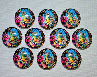 FROG and FLOWER Magnets Set of 10 One Inch Round Glass Dome Green Frogs Nature Gift Mom Relative Friend Birthday Thanks *ALL SaME DeSIGN*