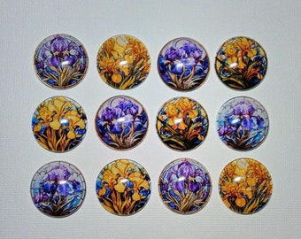 IRIS LOVER Magnets Set of 12 One Inch Round Glass Dome Purple and Yellow Gardens Nature Gift Mom Relative Friend Birthday Thank IRIS FLoWERS