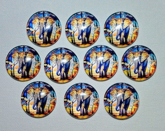 ELEPHANT MAGNET SET of Ten One Inch Round Glass Dome Elephant Lover Gift Birthday Mom Him Her Friend Relative Thanks *All SaME DeSIGN*