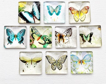 BUTTERFLY MAGNET SET of Ten 1"/25mm Square Glass Dome Birthday Mom Grandma Nana Aunt Sister Daughter Friend Relative Thanks Hang Artwork!