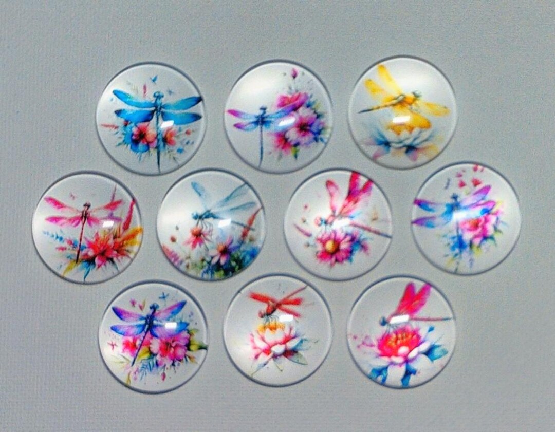 DRAGONFLY MAGNET Set of Ten One Inch Round Glass Dome *soft and Bright ...