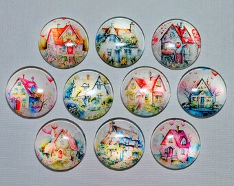 HOUSE MAGNETS Set of 10 One Inch Round Glass Dome *Soft and Bright Images*