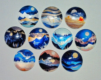 CONTEMPORARY ART LANDSCAPE Magnets Set of 10 One Inch Round Glass Dome Mom Dad Birthday Thank Friend *MOUNTaIN MoON SuNSET RiVER TReE WaTER*