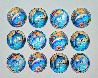 DOLPHIN FISH Magnets Set of 12 One Inch Round Glass Dome *Four of each DeSIGN*
