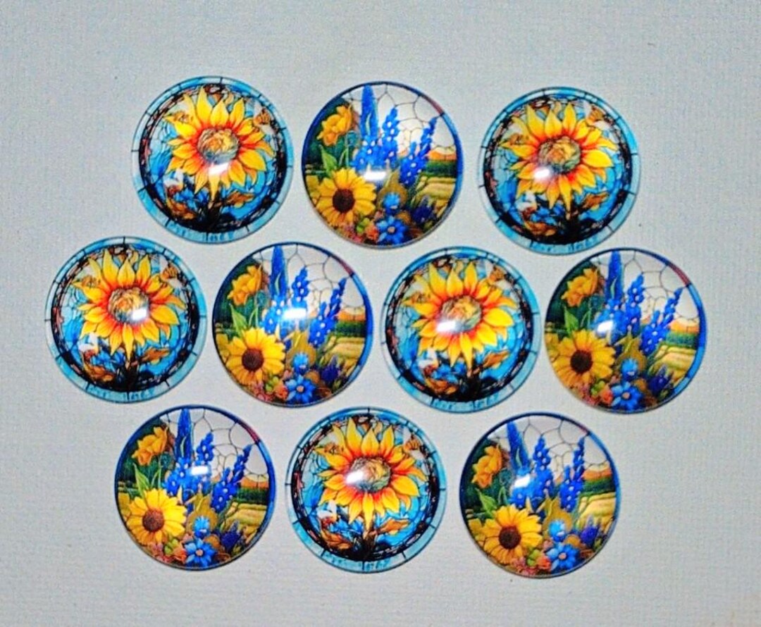 SUNFLOWER LARKSPUR Magnet Set of Ten One Inch Round Glass Dome *five of ...