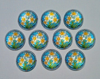 STAINED GLaSS DAFFODIL LOVER Magnets Set of 10 One Inch Round Glass Dome *All SaME DeSIGN* Gift Mom Relative Friend Birthday DaFFODIL FLoWER