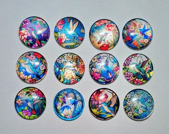 HUMMINGBIRDS LOVER Magnet Set of Twelve One Inch Round Glass Dome Birthday Mom Grandma Nana Friend Relative Thanks Hang Artwork!