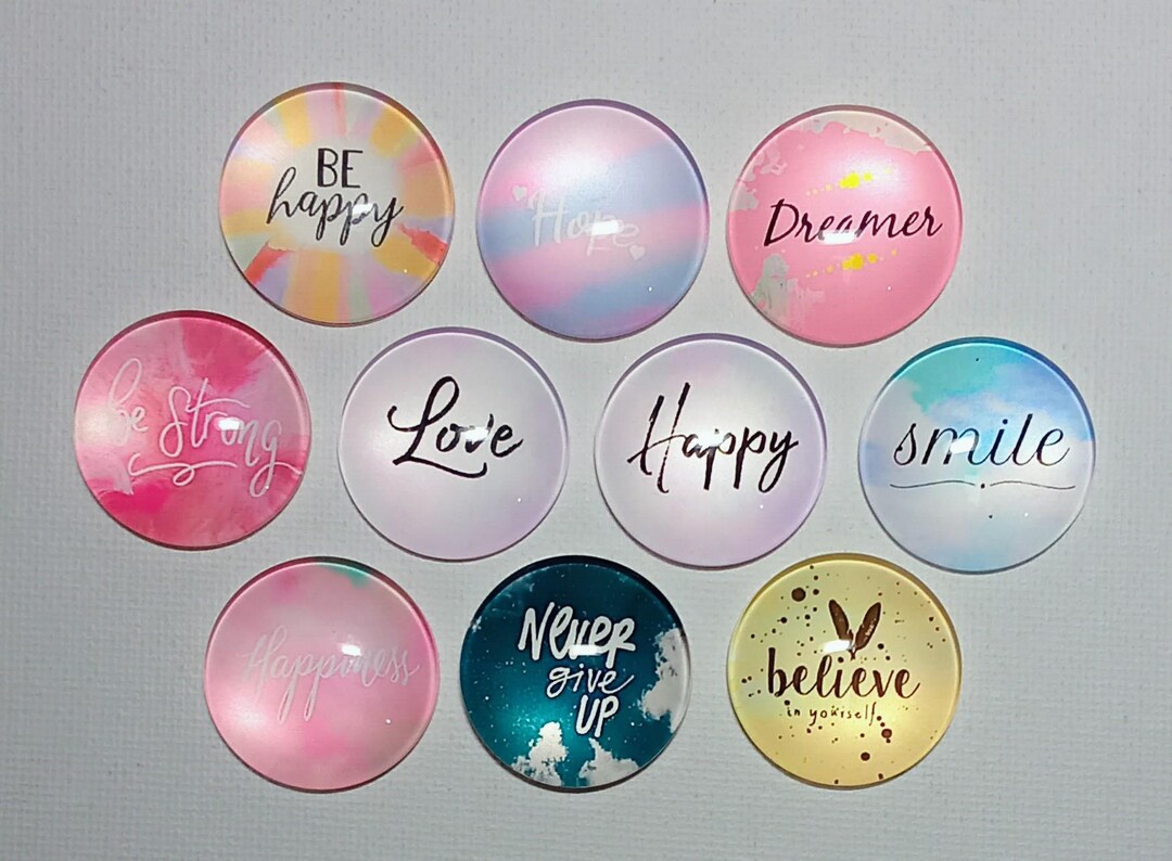 POSITIVE AFFIRMATIONS Magnet Set of 10 One Inch Round Glass Dome *soft ...
