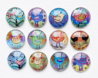 WHIMSICAL BIRDS Magnet Set of 12 One Inch Round Glass Dome She Shed Gift Birthday Thank You Best Friend Hang Artwork! Funky Bird Art