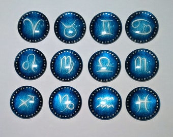 ZODIAC CONSTELLATIONS CELESTIAL Magnet Set of 12 One Inch Round Glass Dome Teal Blue Glittery Great Gift Birthday Thanks Office Hang Artwork