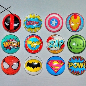 POW GUYS MAGNET Set of 12 One Inch Round Glass Dome *Choose Set A or B* Gift Him Her Holiday Birthday Thank Friend *Cartoon Heros*