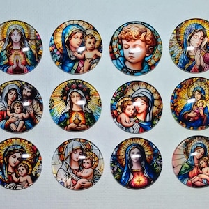RELIGIOUS FAITH MAGNETS Set of 12 One Inch Round Glass Dome  *Stained Glass Look*