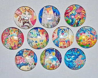 WHIMSICAL CAT Magnets Set of 10 One Inch Round Glass Dome *Soft and Bright Images*