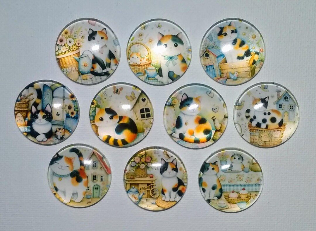 CALICO CATS Magnet Set of Ten One Inch Round Glass Dome *soft and ...