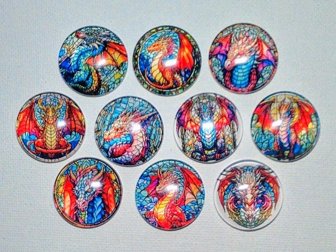 DRAGON STAINED GLASS Look Magnet Set of 10 One Inch Round Glass Dome ...
