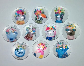 ANIMAL FLOWER MAGNETS Set of 10 One Inch Round Glass Dome Cute Animals With Floral Wreaths Birthday Thanks Friend HangtheArtwork Office