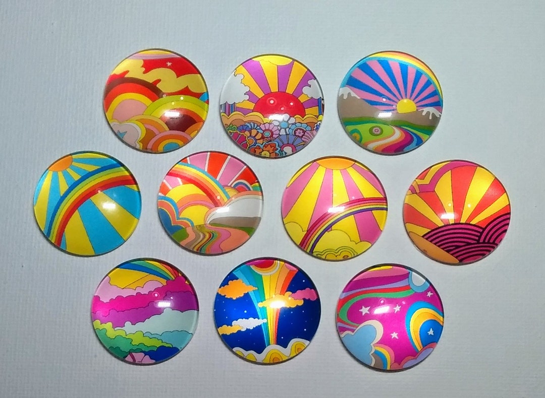70s VIBE OP Art Rainbows Magnet Set of 10 One Inch Round Glass Dome ...