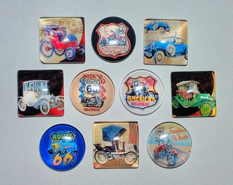 ROUTE 66 (round) and MODEL T Car (square) Magnets Set of 10 One Inch Glass Dome Birthday Dad Relative Friend Man Cave ViNTAGE AuTO ArT