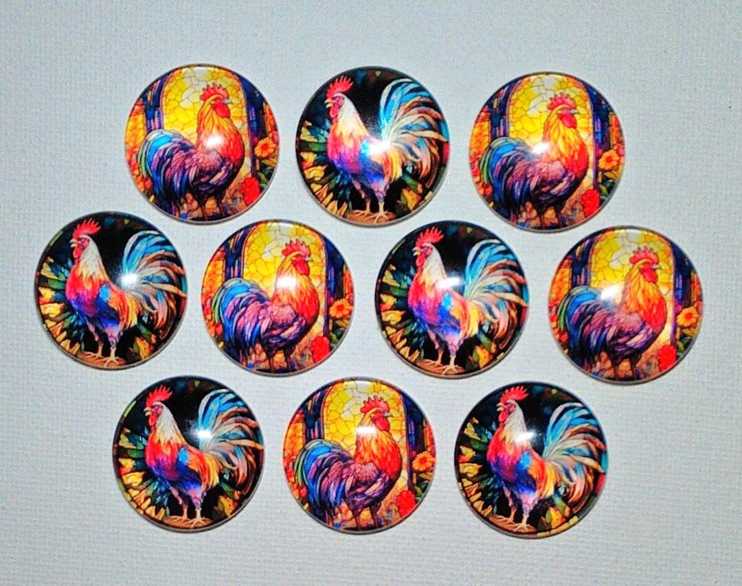 ROOSTER Magnet Set of 10 One Inch Round Glass Dome *five of Each Design ...