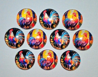 ROOSTER Magnet Set of 10 One Inch Round Glass Dome *Five of each DeSIGN*