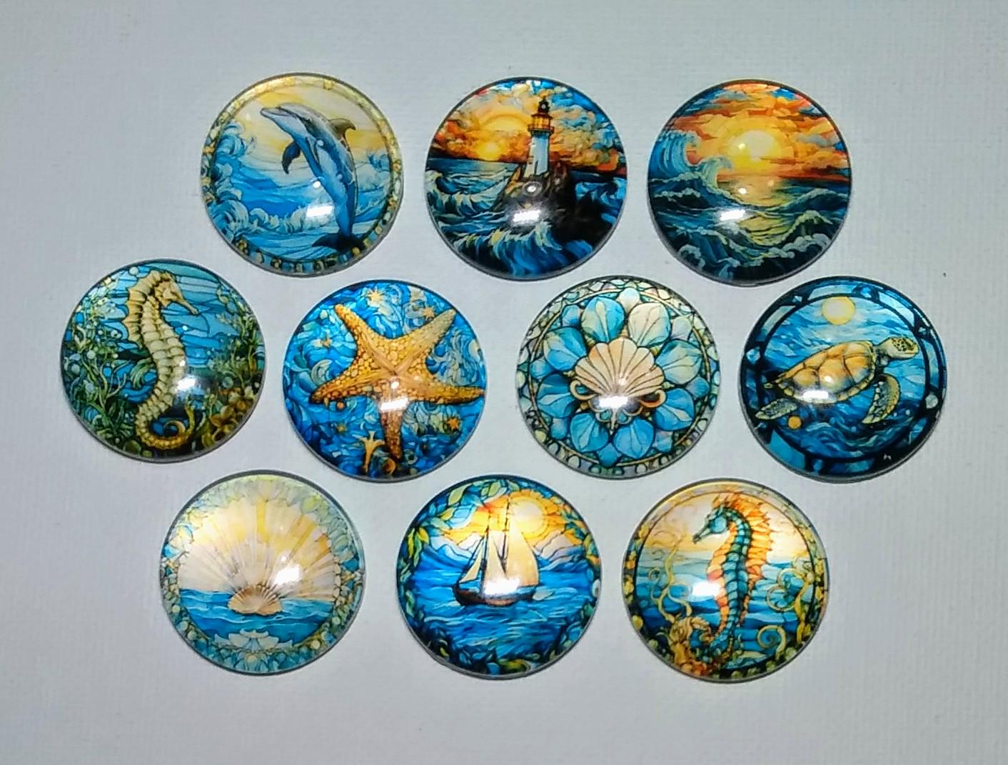 OCEAN LIFE MAGNET Set of 10 One Inch Round Glass Dome *seahorse ...