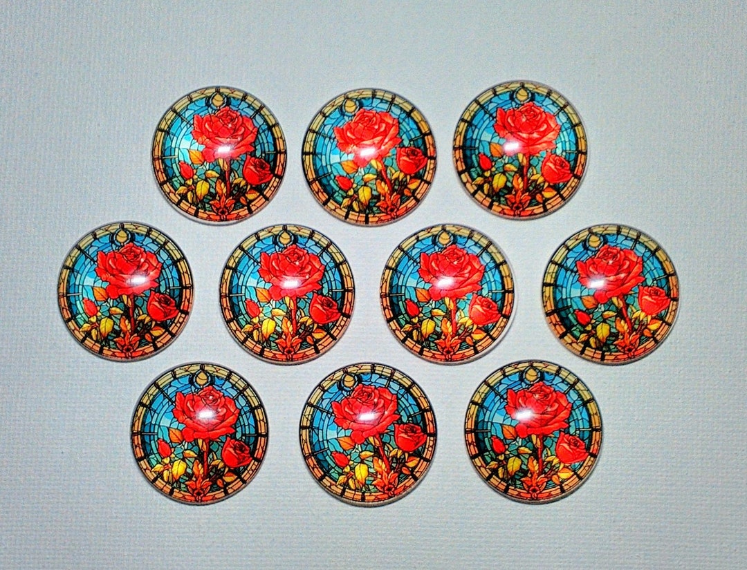 STAINED Glass ROSE LOVER Magnets Set of 10 One Inch Round Glass Dome ...