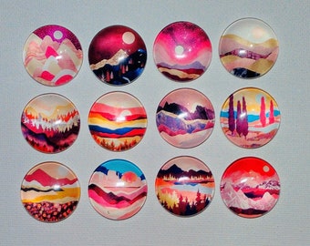 CONTEMPORARY ART LANDSCAPE Magnets Set of 12 One Inch Round Glass Dome Mom Dad Birthday Thank Friend *MOUNTaIN MoON SuNSET RiVER TReE WaTER*