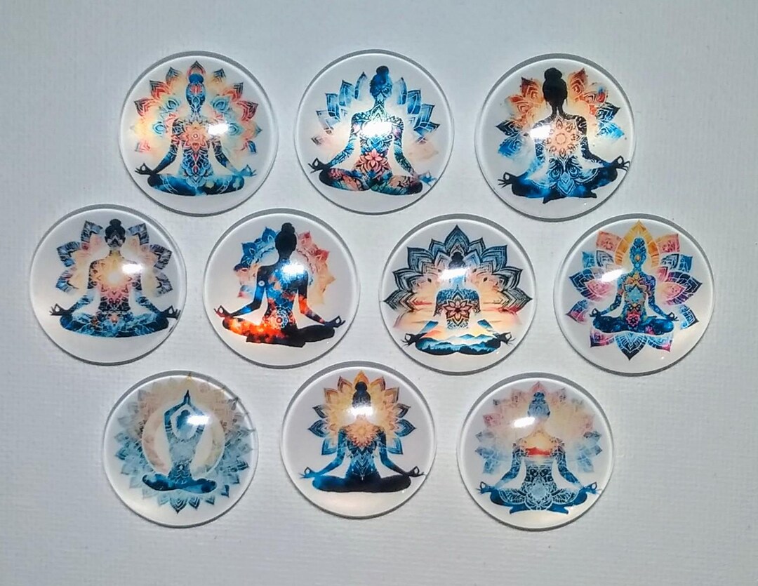 YOGA POSITIONS Magnet Set of 10 One Inch Round Glass Dome *soft ...