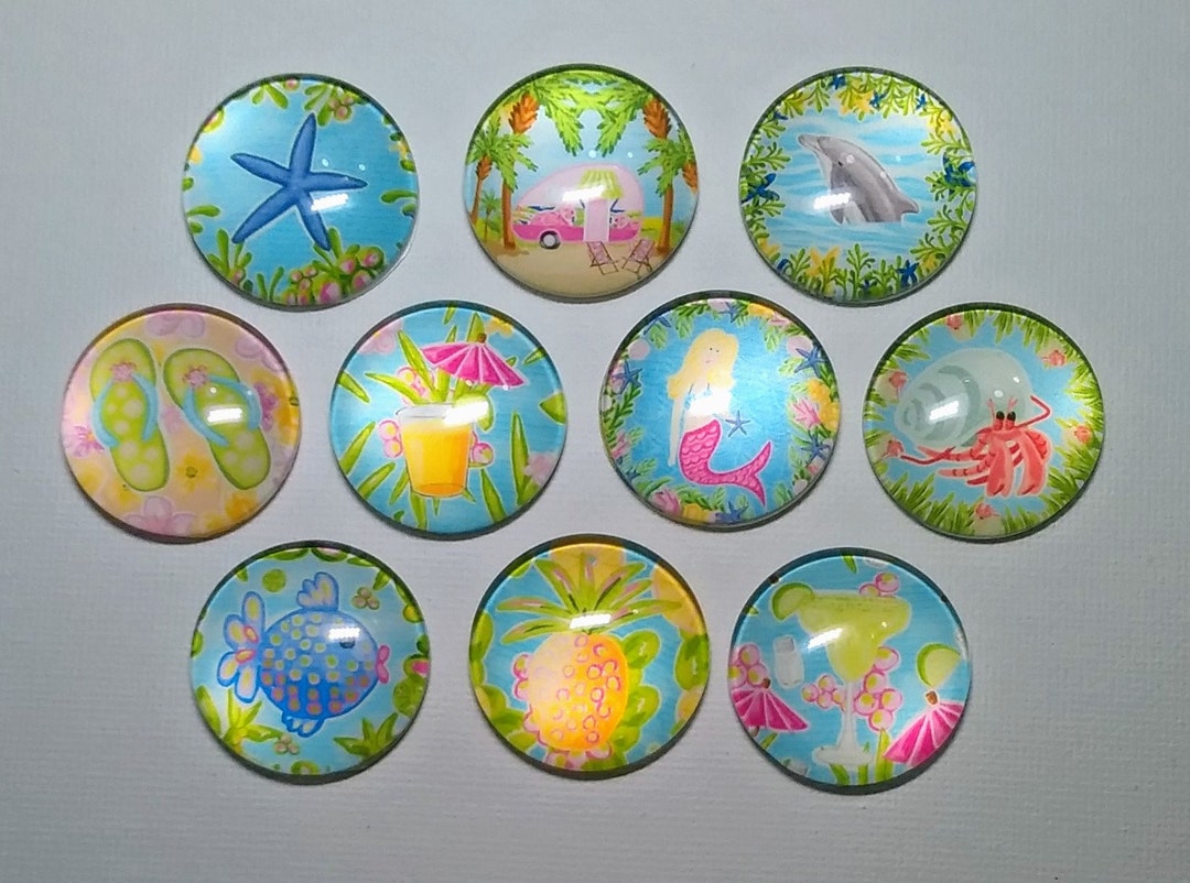 BEACH FUN Magnets Set of 10 One Inch Round Glass Dome *SOFT Images* - Etsy