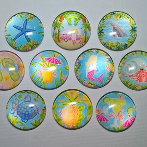 BEACH FUN Magnets Set of 10 1&quot; Round Glass Dome Gift Ocean Life Beach Lover Birthday Beach House Thanks Friend