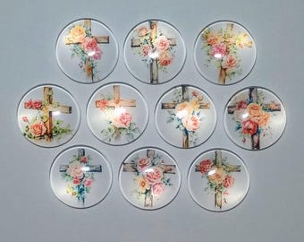 Floral CROSS RELIGIOUS MAGNETS Set of 10 One Inch Round Glass Dome ...