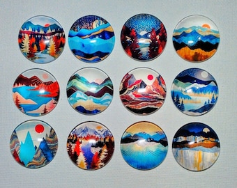 CONTEMPORARY ART LANDSCAPE Magnets Set of 12 One Inch Round Glass Dome Mom Dad Birthday Thank Friend *MOUNTaIN MoON SuNSET RiVER TReE WaTER*