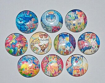 WHIMSICAL CAT Magnets Set of 10 One Inch Round Glass Dome *Soft and Bright Images*