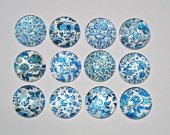 BLUE and WHITE PLATES Magnets  Set of 12 One Inch Round Glass Dome