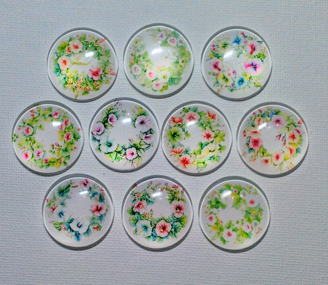 HOLLYHOCK WREATHS Magnet Set of Ten One Inch Round Glass Dome *soft and ...