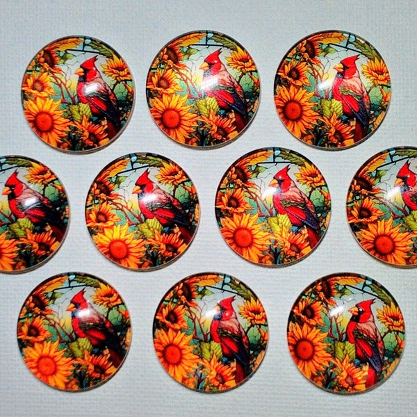 SUNFLOWERS and ReD CARDINALS Magnet Set of Ten One Inch Round Glass Dome Birthday Mom Friend Relative Thank **ALL SaME DeSIGN**