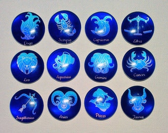 ZODIAC CONSTELLATIONS CELESTIAL Magnet Set of 12 One Inch Round Glass Dome Great Gift Birthday Thanks *Navy Light Blue Lavender*