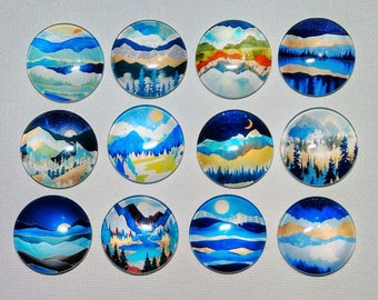 CONTEMPORARY ART LANDSCAPE Magnets Set of 12 One Inch Round Glass Dome Mom Dad Birthday Thank Friend *MOUNTaIN MoON SuNSET RiVER TReE WaTER*