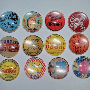 CANDY and SODA POP Magnet Set of 12 One Inch Round Glass Dome Vintage Fun She Shed Holiday Birthday Thanks Best Friend Hang the Artwork!