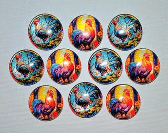 ROOSTER Magnet Set of 10 One Inch Round Glass Dome *Five of each DeSIGN*