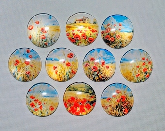 POPPY FIELDS Magnets Set of 10 1" Round Glass Dome Red Gardens Nature Gift Mom Relative Friend Birthday Thanks Hang Artwork!