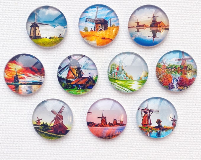 WINDMILL MAGNET SET of 10 One Inch Round Glass Dome Windmill Paintings ...