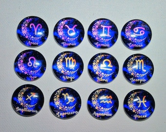 ZODIAC MAGNETS Set of 12 One inch Round Glass Dome *Purple Pink Gold Black**Moon Stars* Birthday Holiday Mom Relative Thank Friend She Shed