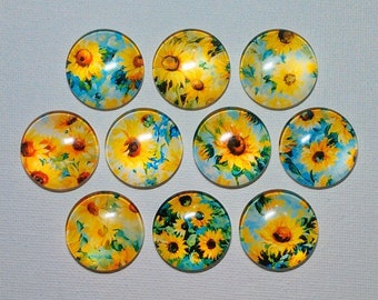 SUNFLOWER MAGNET SET of Ten One Inch Round Glass Dome Sunflower Paintings Birthday Mom Friend Relative She Shed Thanks Hang the Artwork!