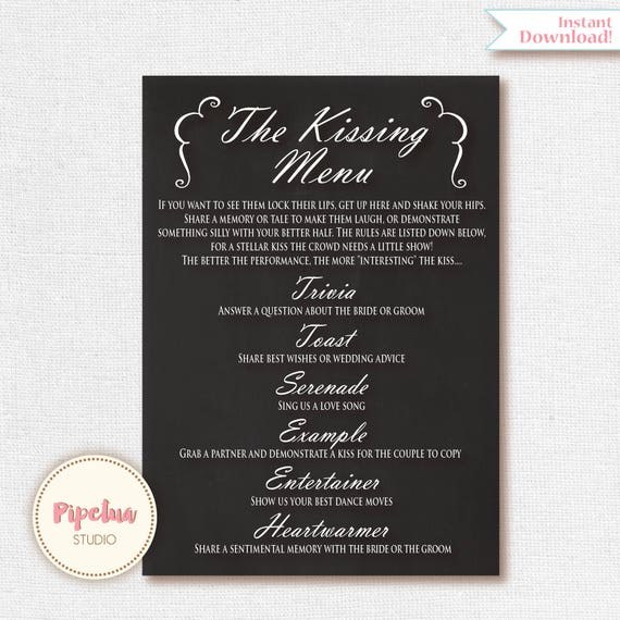 Kissing Menu Printable Wedding Kissing Menu Template Wedding Etsy