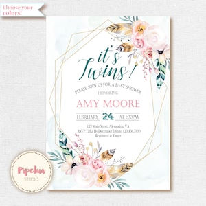 Twins Baby Shower Invitation. Neutral gender twins invitation. Twins boy and girl. It&#39;s twins baby shower. Twins Boho Baby Shower invitation