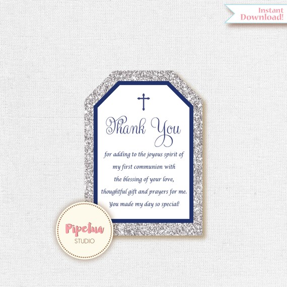 Thank You Favor Tags First Communion Silver And Blue Printable Diy Holy Instant