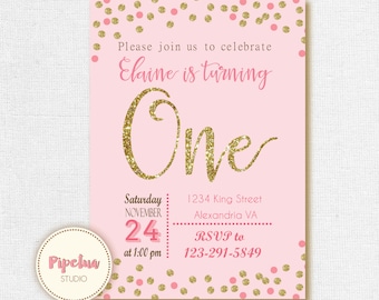 Pink and gold invitation, First birthday invitation, Girl invitation, One invitation, Confetti Invitation - Birthday invite - Printable.