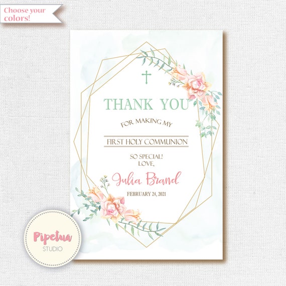 First Communion Thank You Card. First Holy Communion. Floral | Etsy